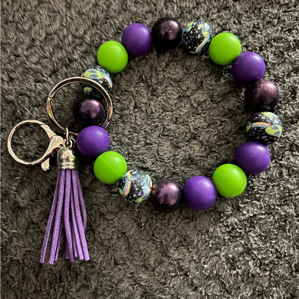 Beaded Purple & Green Tassel Keychain Bracelet